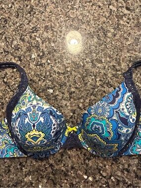 Soma Embraceable Demi Bra with Blue Paisley Print and lace trim